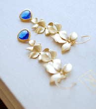 Load image into Gallery viewer, Cobalt Blue Crystal Matte Gold Cascading Orchids Flower Long Dangle Earrings Sapphire Blue Bridal Earrings Cobalt Blue Wedding Jewelry
