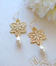 Load image into Gallery viewer, Gold Metal Lace Flower Cream Ivory Teardrop Pearl Earrings. Gold Snow Flake Dangle Earrings, Bridal Earrings, Wedding Jewelry
