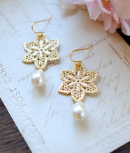 Load image into Gallery viewer, Gold Metal Lace Flower Cream Ivory Teardrop Pearl Earrings. Gold Snow Flake Dangle Earrings, Bridal Earrings, Wedding Jewelry
