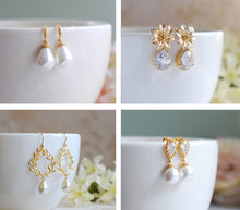 Load image into Gallery viewer, Gold Metal Lace Flower Cream Ivory Teardrop Pearl Earrings. Gold Snow Flake Dangle Earrings, Bridal Earrings, Wedding Jewelry
