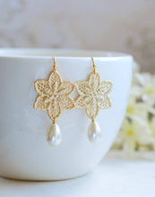 Load image into Gallery viewer, Gold Metal Lace Flower Cream Ivory Teardrop Pearl Earrings. Gold Snow Flake Dangle Earrings, Bridal Earrings, Wedding Jewelry
