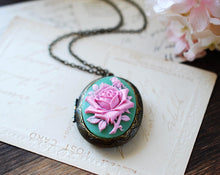 Load image into Gallery viewer, Large Green Pink Rose Cameo Locket Necklace. Victorian Antique Brass Oval Locket Necklace. Gift for her, gift for wife Girlfriend mom
