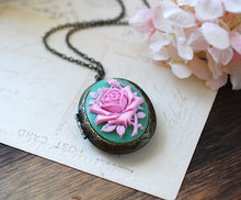 Load image into Gallery viewer, Large Green Pink Rose Cameo Locket Necklace. Victorian Antique Brass Oval Locket Necklace. Gift for her, gift for wife Girlfriend mom
