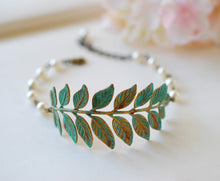 Load image into Gallery viewer, Verdigris Leaf  Branch Beaded Pearl Bracelet. Woodland Jewelry Wedding Bridal Bracelet Blue Leaf Cuff  Bracelet
