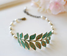 Load image into Gallery viewer, Verdigris Leaf  Branch Beaded Pearl Bracelet. Woodland Jewelry Wedding Bridal Bracelet Blue Leaf Cuff  Bracelet
