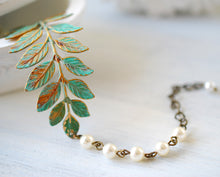 Load image into Gallery viewer, Verdigris Leaf  Branch Beaded Pearl Bracelet. Woodland Jewelry Wedding Bridal Bracelet Blue Leaf Cuff  Bracelet
