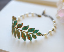 Load image into Gallery viewer, Verdigris Leaf  Branch Beaded Pearl Bracelet. Woodland Jewelry Wedding Bridal Bracelet Blue Leaf Cuff  Bracelet
