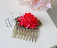 画像をギャラリービューアに読み込む, Red Wedding Bridal Flower Hair Comb. Red Rose Floral Antique Brass Filigree Hair Comb, Wedding Hairpiece, Bridal Hair comb, Bridesmaid Gift
