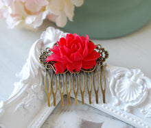 画像をギャラリービューアに読み込む, Red Wedding Bridal Flower Hair Comb. Red Rose Floral Antique Brass Filigree Hair Comb, Wedding Hairpiece, Bridal Hair comb, Bridesmaid Gift
