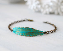 Load image into Gallery viewer, Feather Bracelet, Verdigris Blue Brass Feather Layering Bracelet, Boho Chic Bohemian Bracelet, Feather Jewelry, Gift for her, Gift for Mom
