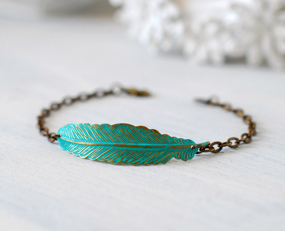 Feather Bracelet, Verdigris Blue Brass Feather Layering Bracelet, Boho Chic Bohemian Bracelet, Feather Jewelry, Gift for her, Gift for Mom