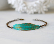 Load image into Gallery viewer, Feather Bracelet, Verdigris Blue Brass Feather Layering Bracelet, Boho Chic Bohemian Bracelet, Feather Jewelry, Gift for her, Gift for Mom
