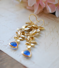 Load image into Gallery viewer, Cobalt Blue Crystal Matte Gold Cascading Orchids Flower Long Dangle Earrings Sapphire Blue Bridal Earrings Cobalt Blue Wedding Jewelry
