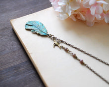 Load image into Gallery viewer, Feather Necklace. Teal Blue Verdigris Patina Feather Brass Swallow Bird Purple Brown Glass Beads Necklace, Bohemian Boho Woodland Jewelry
