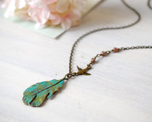 Load image into Gallery viewer, Feather Necklace. Teal Blue Verdigris Patina Feather Brass Swallow Bird Purple Brown Glass Beads Necklace, Bohemian Boho Woodland Jewelry
