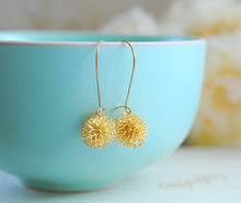 Load image into Gallery viewer, Gold Dandelion Earrings, Gold Plated Wire Wrapped Ball Dangle Earrings, Gold Drop Earrings. Dandelion Jewelry, Gift for mom, wish jewelry
