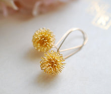 Load image into Gallery viewer, Gold Dandelion Earrings, Gold Plated Wire Wrapped Ball Dangle Earrings, Gold Drop Earrings. Dandelion Jewelry, Gift for mom, wish jewelry
