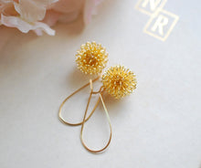 Load image into Gallery viewer, Gold Dandelion Earrings, Gold Plated Wire Wrapped Ball Dangle Earrings, Gold Drop Earrings. Dandelion Jewelry, Gift for mom, wish jewelry
