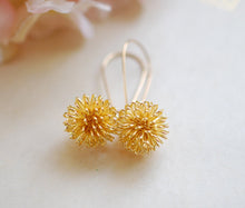 Load image into Gallery viewer, Gold Dandelion Earrings, Gold Plated Wire Wrapped Ball Dangle Earrings, Gold Drop Earrings. Dandelion Jewelry, Gift for mom, wish jewelry
