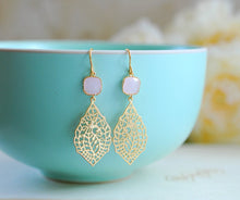 Load image into Gallery viewer, Pink Glass Gold Paisley Filigree Dangle Earrings, Gold Filigree Chandelier Earrings, Drop Earrings, Wedding Jewelry, Bridesmaid Earrings
