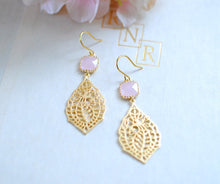 Load image into Gallery viewer, Pink Glass Gold Paisley Filigree Dangle Earrings, Gold Filigree Chandelier Earrings, Drop Earrings, Wedding Jewelry, Bridesmaid Earrings
