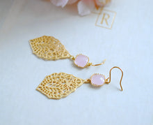 Load image into Gallery viewer, Pink Glass Gold Paisley Filigree Dangle Earrings, Gold Filigree Chandelier Earrings, Drop Earrings, Wedding Jewelry, Bridesmaid Earrings
