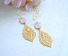 Load image into Gallery viewer, Pink Glass Gold Paisley Filigree Dangle Earrings, Gold Filigree Chandelier Earrings, Drop Earrings, Wedding Jewelry, Bridesmaid Earrings
