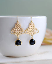 Load image into Gallery viewer, Black and Gold Earrings Oriental Filigree Celtic Knot Pendant Jet Black Glass Dangle Earrings Black Onyx Chandelier Earrings Wedding Earring
