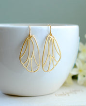 Load image into Gallery viewer, Gold Wing Earrings. Matte Gold Fairy Wings, Butterfly Wings, Cicada Wings Dangle Earrings. Wing Jewelry, Valentines day gift, Gift for her
