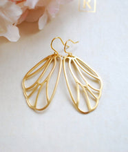 Load image into Gallery viewer, Gold Wing Earrings. Matte Gold Fairy Wings, Butterfly Wings, Cicada Wings Dangle Earrings. Wing Jewelry, Valentines day gift, Gift for her
