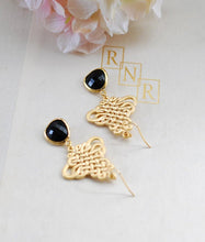 Load image into Gallery viewer, Black and Gold Earrings Oriental Filigree Celtic Knot Pendant Jet Black Glass Dangle Earrings Black Onyx Chandelier Earrings Wedding Earring
