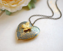 Load image into Gallery viewer, Heart Locket Necklace, Butterfly Locket, Verdigris Blue Gold Locket,  Butterfly Necklace, Personalized Gift for Mom Wife Daughter Girlfriend
