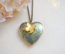 Load image into Gallery viewer, Heart Locket Necklace, Butterfly Locket, Verdigris Blue Gold Locket,  Butterfly Necklace, Personalized Gift for Mom Wife Daughter Girlfriend
