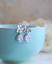 Load image into Gallery viewer, Silver Post Earrings, Silver Cherry Blossoms Flower Teardrop Clear Crystal Cubic Zirconia Post Earrings, Wedding Jewelry Bridal Earrings
