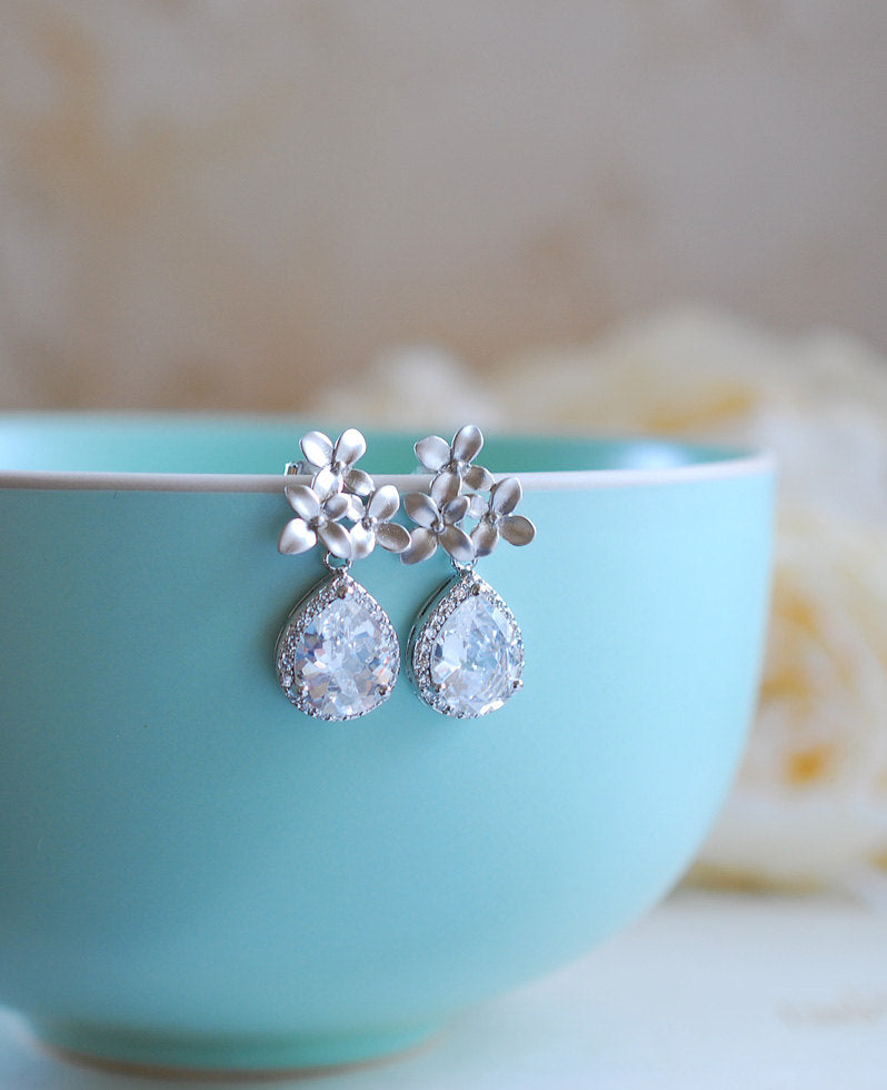 Silver Post Earrings, Silver Cherry Blossoms Flower Teardrop Clear Crystal Cubic Zirconia Post Earrings, Wedding Jewelry Bridal Earrings