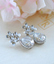 Load image into Gallery viewer, Silver Post Earrings, Silver Cherry Blossoms Flower Teardrop Clear Crystal Cubic Zirconia Post Earrings, Wedding Jewelry Bridal Earrings
