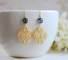 Load image into Gallery viewer, Navy Blue Earrings, Navy Blue Wedding Jewelry, Gold Filigree Dangle Earrings. Gold Chandelier Earrings, Boho Gipsy Moroccan Jewelry
