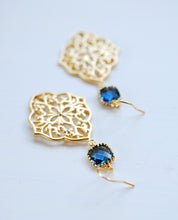 Load image into Gallery viewer, Navy Blue Earrings, Navy Blue Wedding Jewelry, Gold Filigree Dangle Earrings. Gold Chandelier Earrings, Boho Gipsy Moroccan Jewelry
