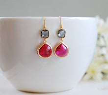 Load image into Gallery viewer, Gray and Ruby Dangle Earrings. Gold Framed fuchsia Pink Ruby Grey Glass Drop Earrings, Wedding Jewelry, July Birthstone, Gift for women
