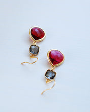 Load image into Gallery viewer, Gray and Ruby Dangle Earrings. Gold Framed fuchsia Pink Ruby Grey Glass Drop Earrings, Wedding Jewelry, July Birthstone, Gift for women
