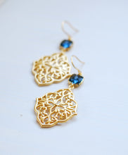 Load image into Gallery viewer, Navy Blue Earrings, Navy Blue Wedding Jewelry, Gold Filigree Dangle Earrings. Gold Chandelier Earrings, Boho Gipsy Moroccan Jewelry
