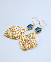 Load image into Gallery viewer, Navy Blue Earrings, Navy Blue Wedding Jewelry, Gold Filigree Dangle Earrings. Gold Chandelier Earrings, Boho Gipsy Moroccan Jewelry
