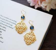 Load image into Gallery viewer, Navy Blue Earrings, Navy Blue Wedding Jewelry, Gold Filigree Dangle Earrings. Gold Chandelier Earrings, Boho Gipsy Moroccan Jewelry
