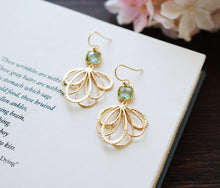 Load image into Gallery viewer, Erinite Blue Crystal Gold Fan Shaped Filigree Earrings
