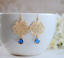 Load image into Gallery viewer, Cobalt Blue Gold Filigree Dangle Earrings Sapphire Blue Chandelier Earrings Ethnic Style Boho Chic Cobalt Wedding Jewelry Gift for her women
