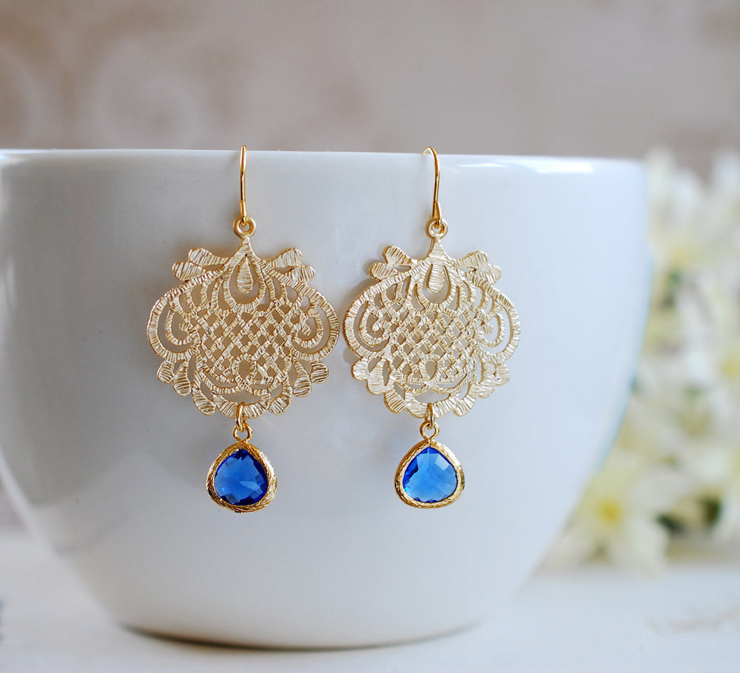 Cobalt Blue Gold Filigree Dangle Earrings Sapphire Blue Chandelier Earrings Ethnic Style Boho Chic Cobalt Wedding Jewelry Gift for her women