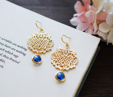 Load image into Gallery viewer, Cobalt Blue Gold Filigree Dangle Earrings Sapphire Blue Chandelier Earrings Ethnic Style Boho Chic Cobalt Wedding Jewelry Gift for her women
