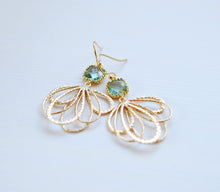 Load image into Gallery viewer, Erinite Blue Crystal Gold Fan Shaped Filigree Earrings
