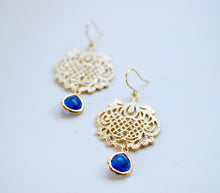 Load image into Gallery viewer, Cobalt Blue Gold Filigree Dangle Earrings Sapphire Blue Chandelier Earrings Ethnic Style Boho Chic Cobalt Wedding Jewelry Gift for her women
