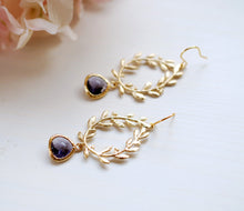 Load image into Gallery viewer, Laurel Wreath Earrings, Amethyst Purple Earrings, Purple Dangle Earrings, Gold Chandelier Earrings, Purple Wedding Bridesmaid Earrings
